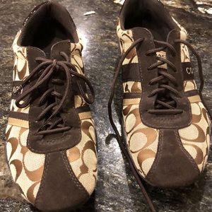 Brown and tan coach tennis shoe